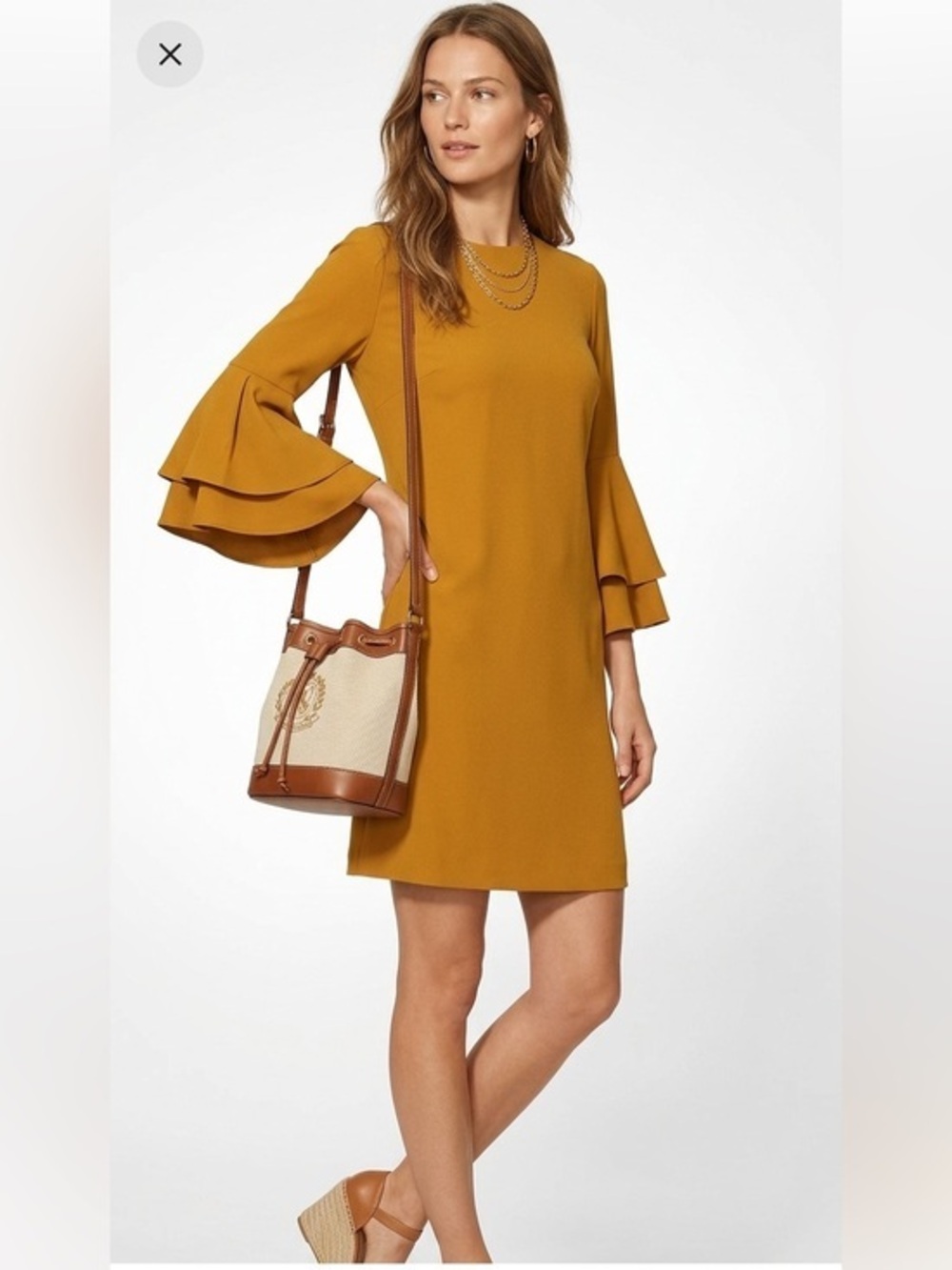 X30 New Mustard Yellow Crewneck Belle Sleeve Shift Dress Size 3